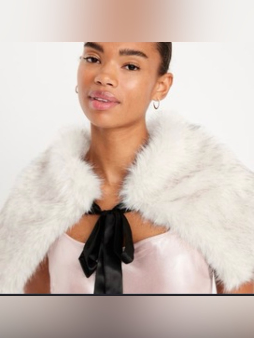 Faux Fur White Capelet with Black Tie